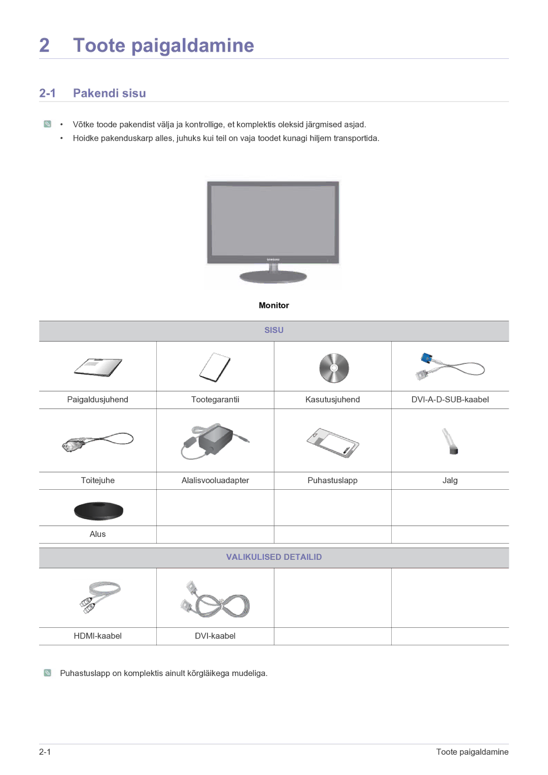 Samsung LS23EFPKFV/EN manual Toote paigaldamine, Pakendi sisu, Sisu, Valikulised Detailid 