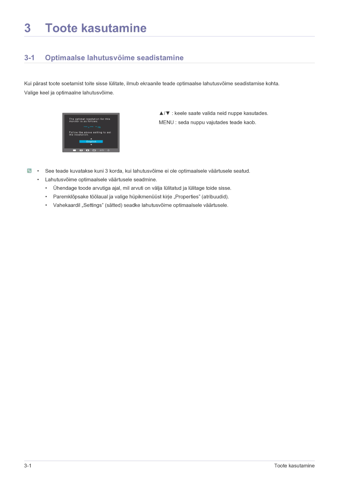 Samsung LS23EFPKFV/EN manual Toote kasutamine, Optimaalse lahutusvõime seadistamine 