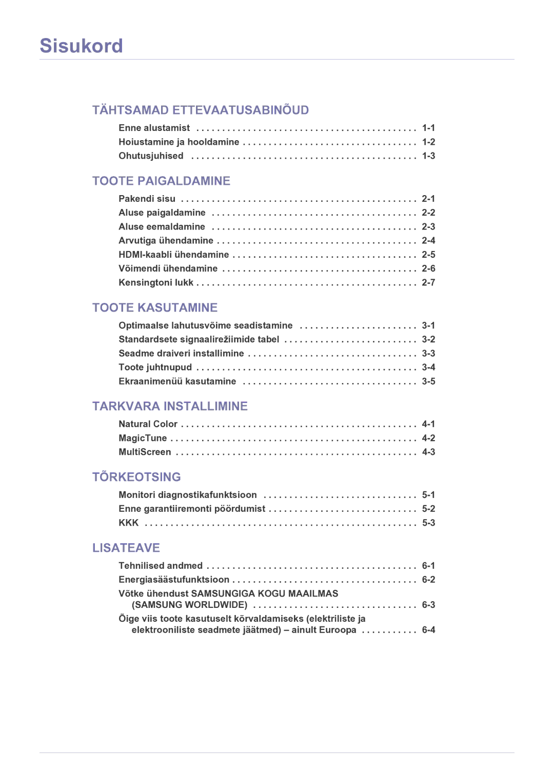 Samsung LS23EFPKFV/EN manual Sisukord, Tehnilised andmed -1 Energiasäästufunktsioon 