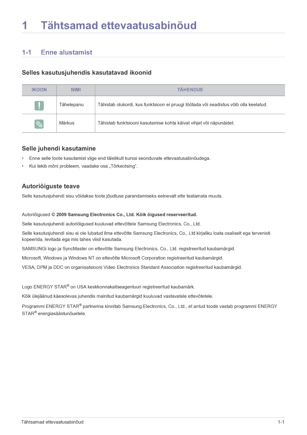 Samsung LS23EFPKFV/EN manual Tähtsamad ettevaatusabinõud, Enne alustamist, Selles kasutusjuhendis kasutatavad ikoonid 