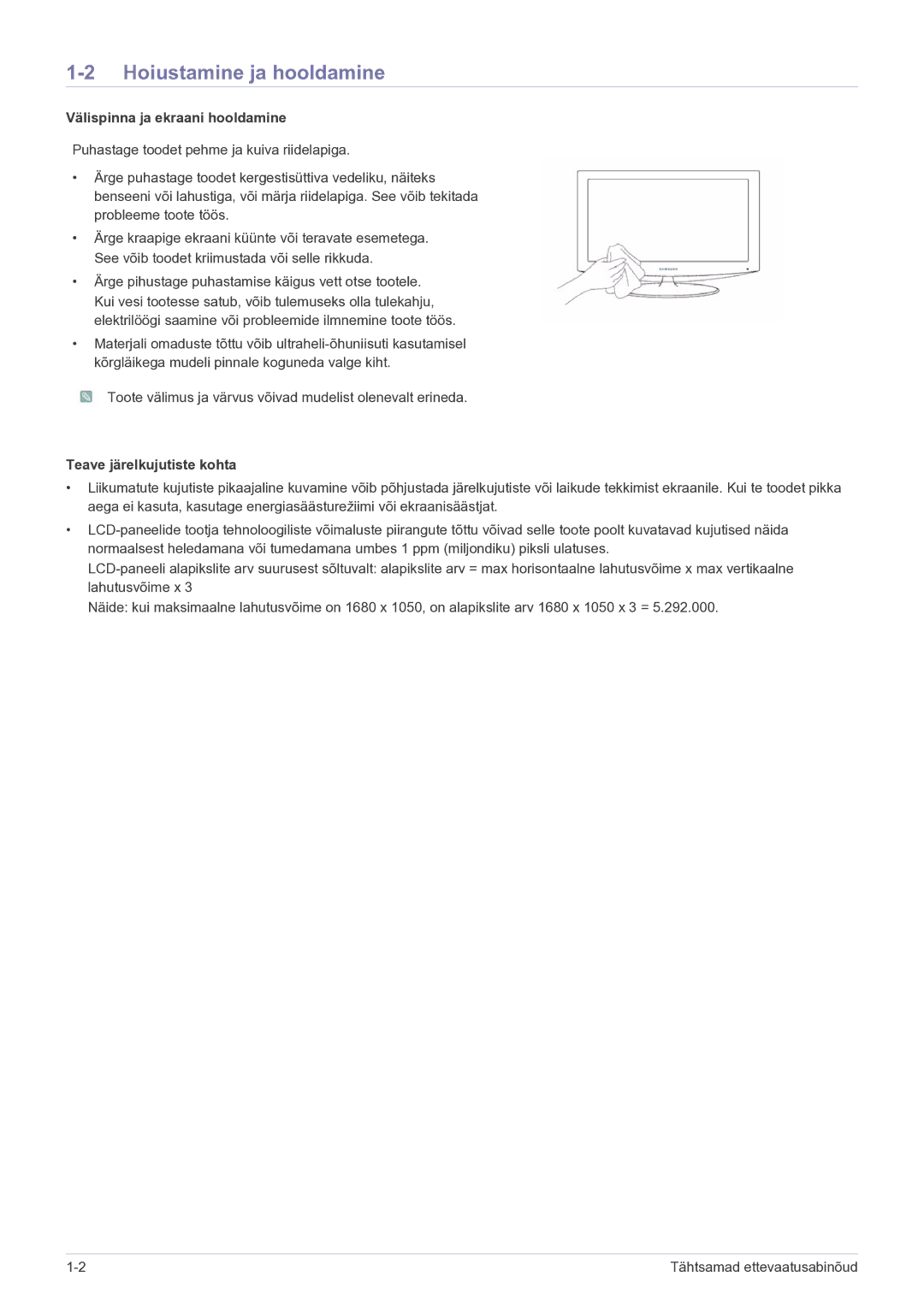 Samsung LS23EFPKFV/EN manual Hoiustamine ja hooldamine, Välispinna ja ekraani hooldamine, Teave järelkujutiste kohta 