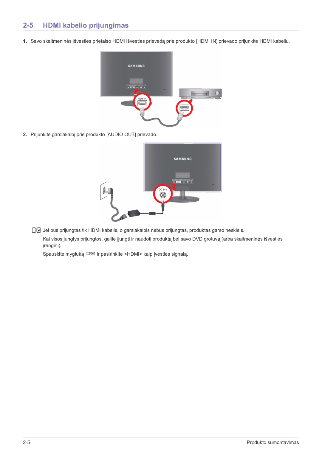 Samsung LS23EFPKFV/EN manual Hdmi kabelio prijungimas 