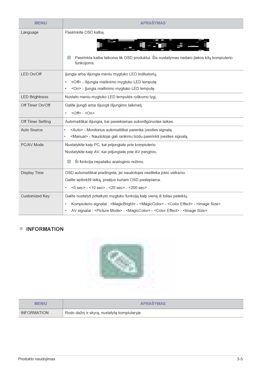 Samsung LS23EFPKFV/EN manual Language Pasirinkite OSD kalbą, Rodo dažnį ir skyrą, nustatytą kompiuteryje 