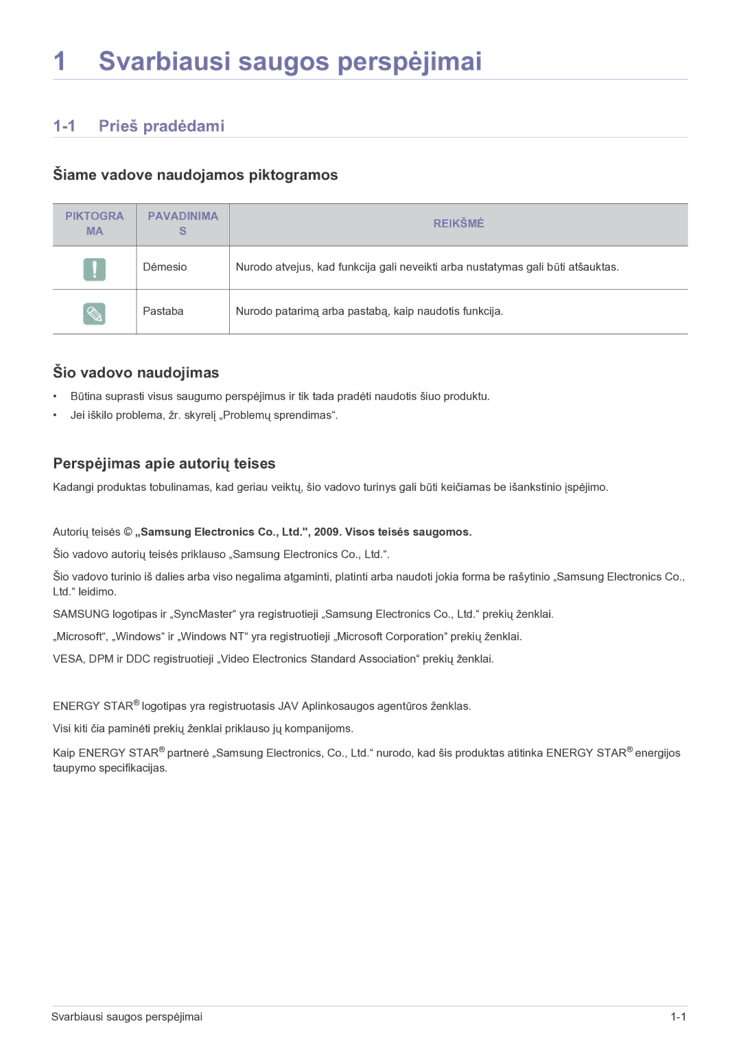 Samsung LS23EFPKFV/EN manual Svarbiausi saugos perspėjimai, Prieš pradėdami, Šiame vadove naudojamos piktogramos 