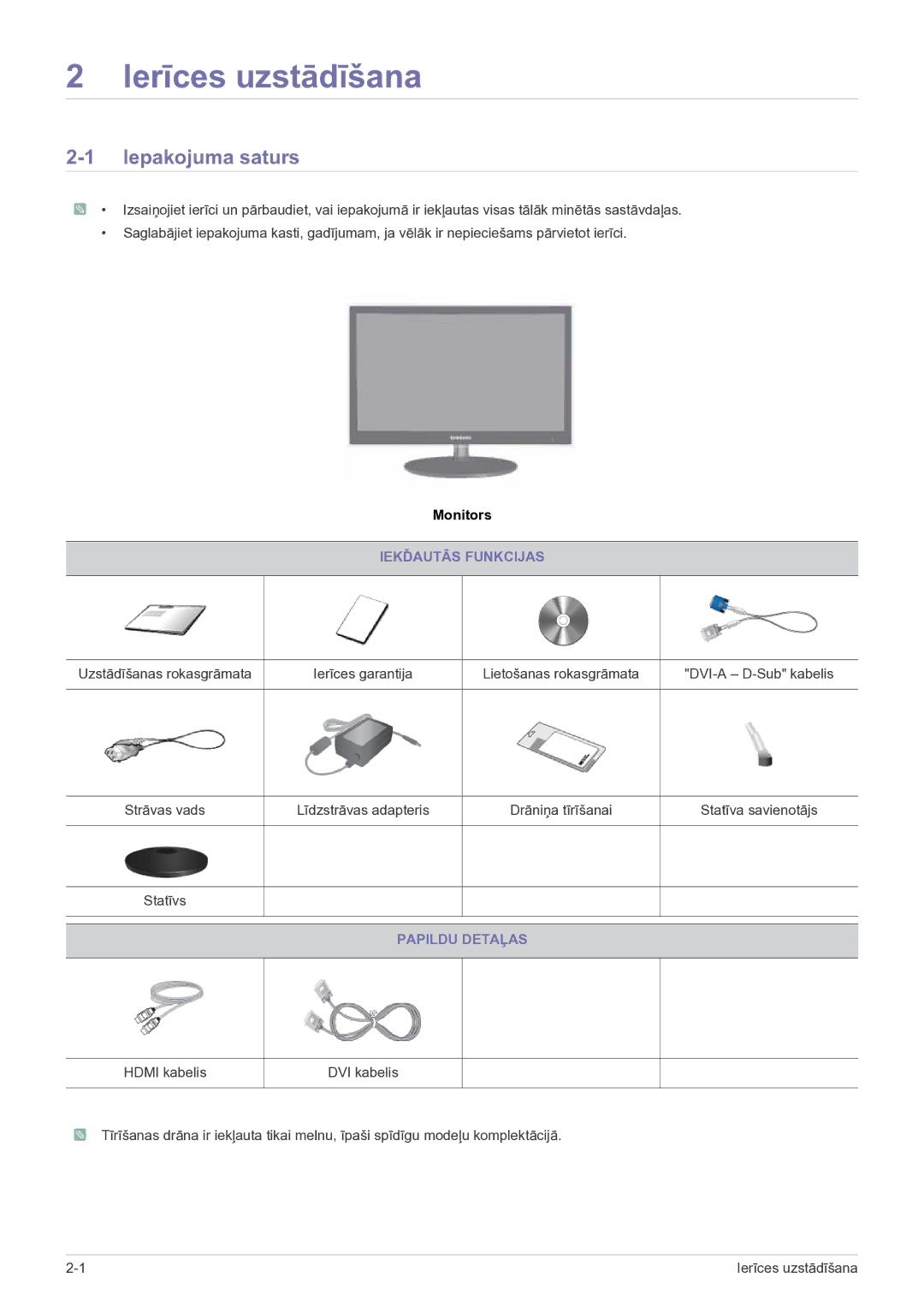 Samsung LS23EFPKFV/EN manual Ierīces uzstādīšana, Iepakojuma saturs, Iekďautās Funkcijas, Papildu Detaļas 