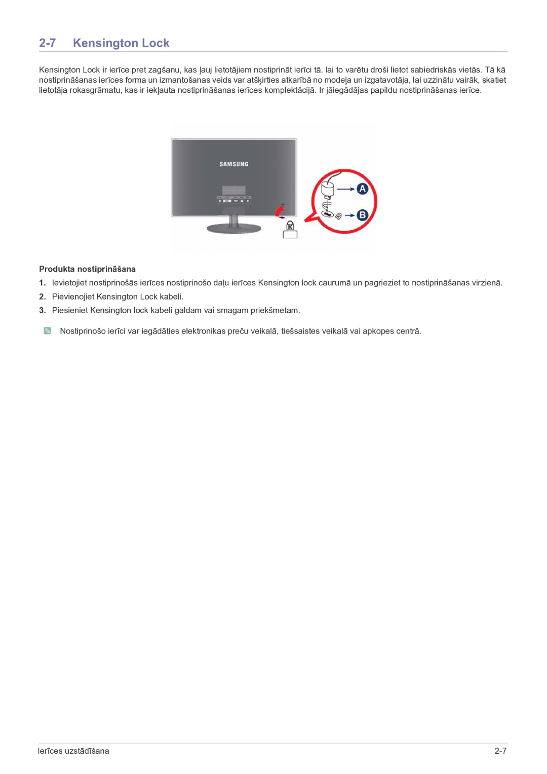 Samsung LS23EFPKFV/EN manual Kensington Lock, Produkta nostiprināšana 