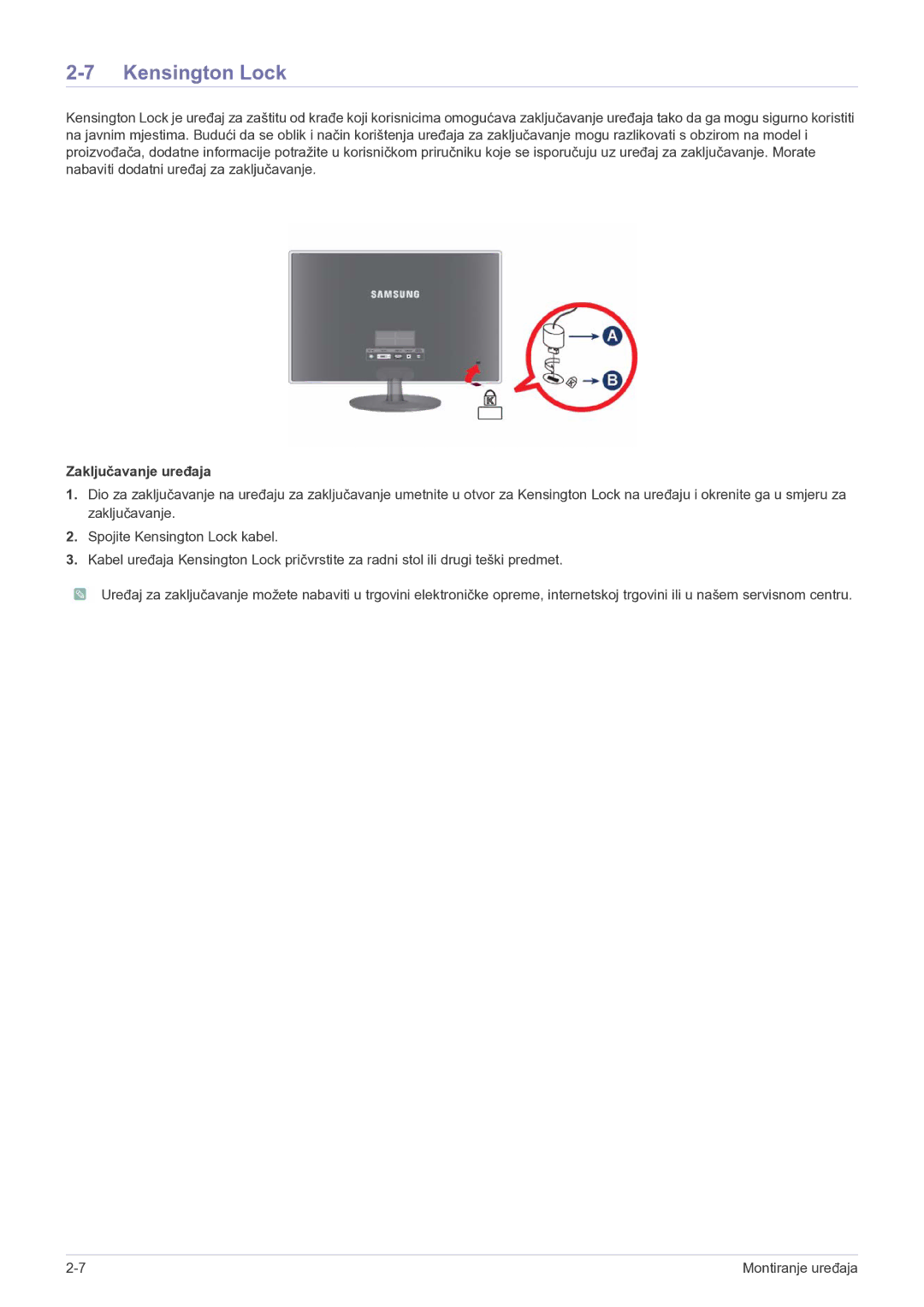 Samsung LS23EFPKFV/EN manual Kensington Lock, Zaključavanje uređaja 