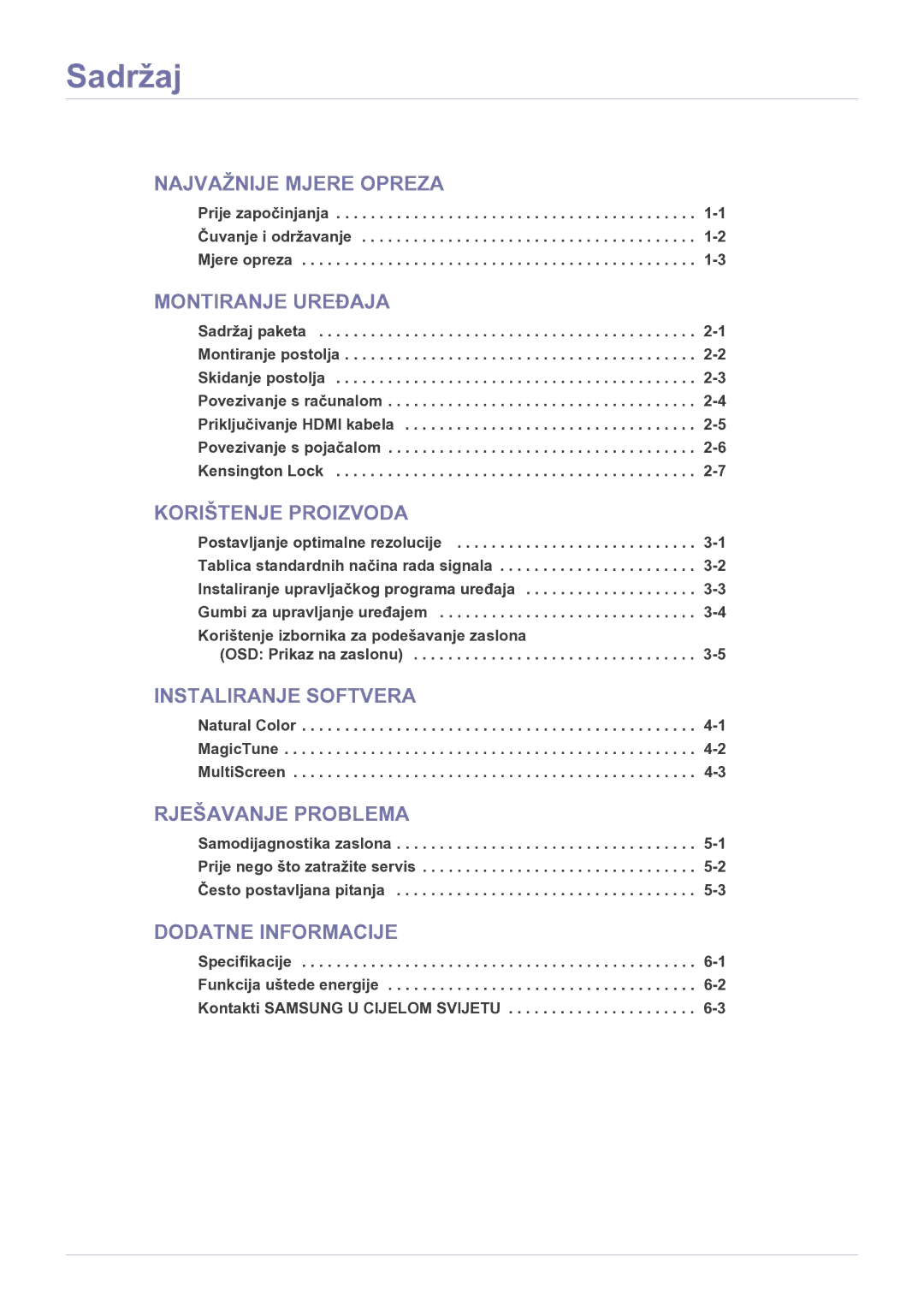 Samsung LS23EFPKFV/EN manual Sadržaj, Prije započinjanja -1 Čuvanje i održavanje -2 Mjere opreza, OSD Prikaz na zaslonu 