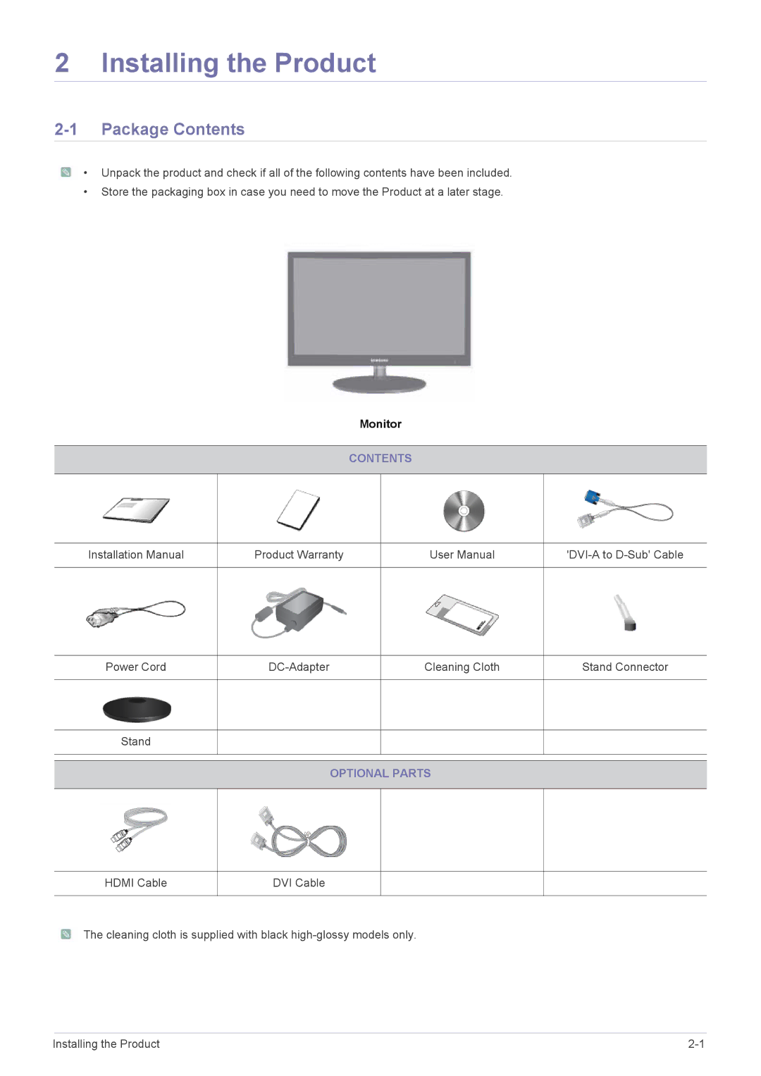 Samsung LS23EFPKFV/XJ, LS23EFUKFV/XJ manual Installing the Product, Package Contents 