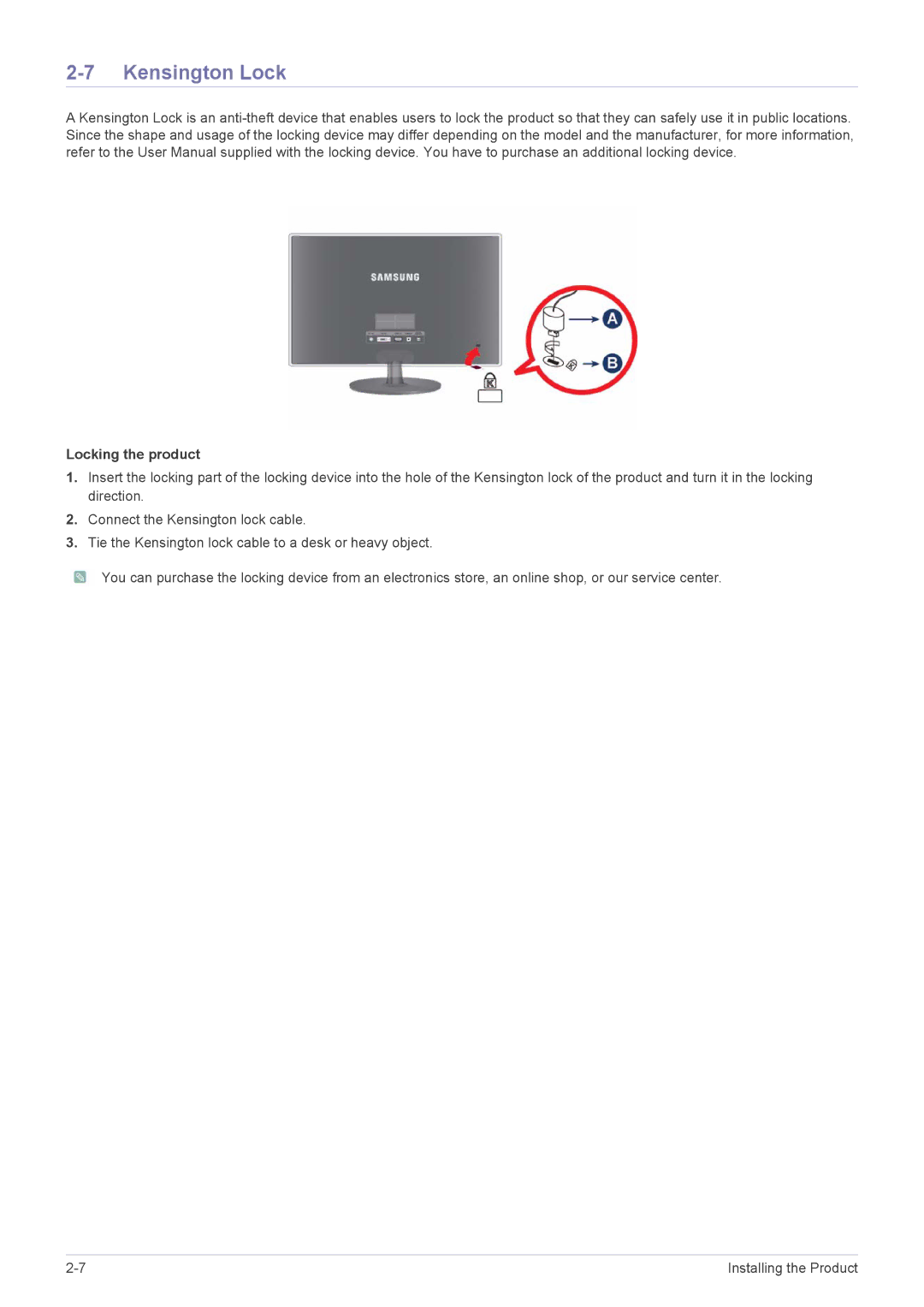 Samsung LS23EFUKFV/XJ, LS23EFPKFV/XJ manual Kensington Lock, Locking the product 