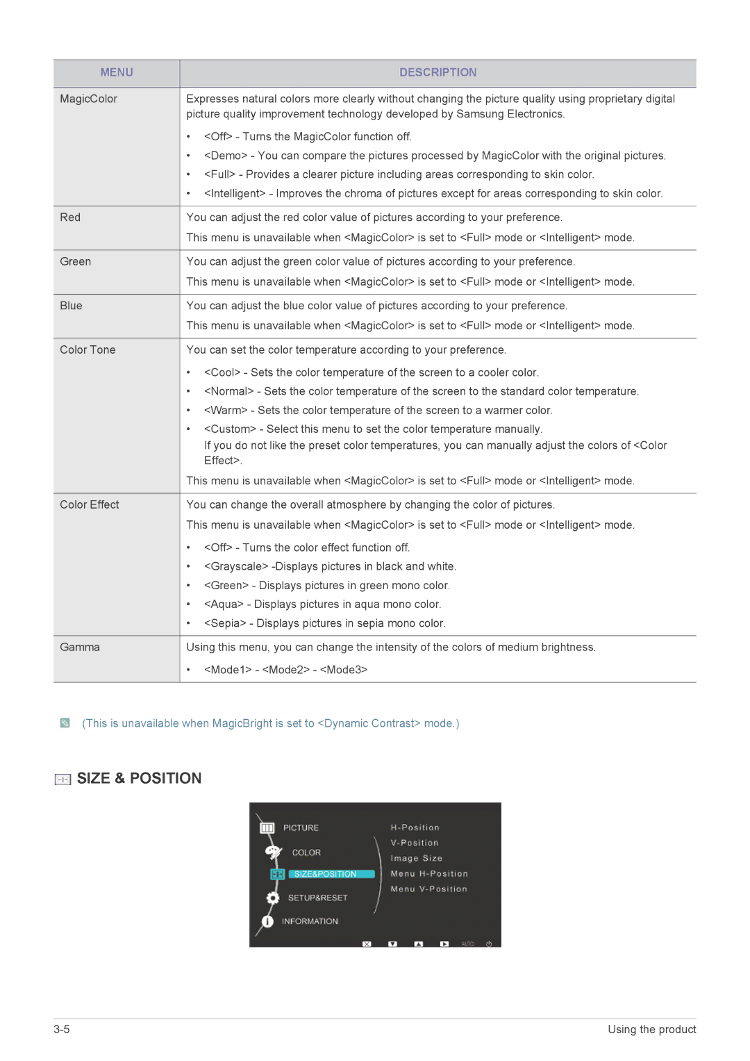 Samsung LS23EFVKUU/XJ manual Size & Position 