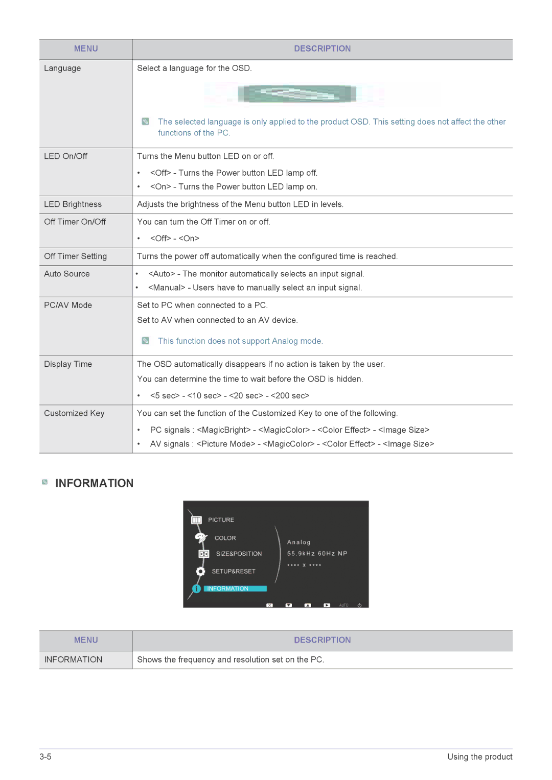 Samsung LS23EFVKUU/XJ manual Language Select a language for the OSD, Shows the frequency and resolution set on the PC 