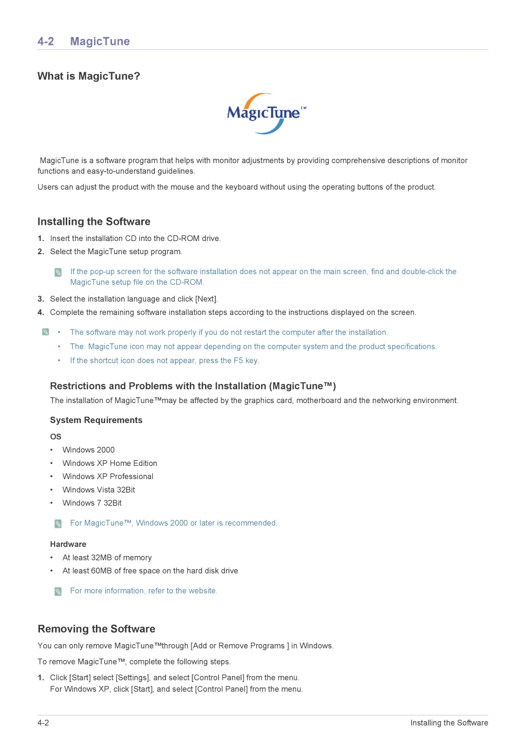 Samsung LS23EFVKUU/XJ manual What is MagicTune?, Installing the Software, Removing the Software, Hardware 