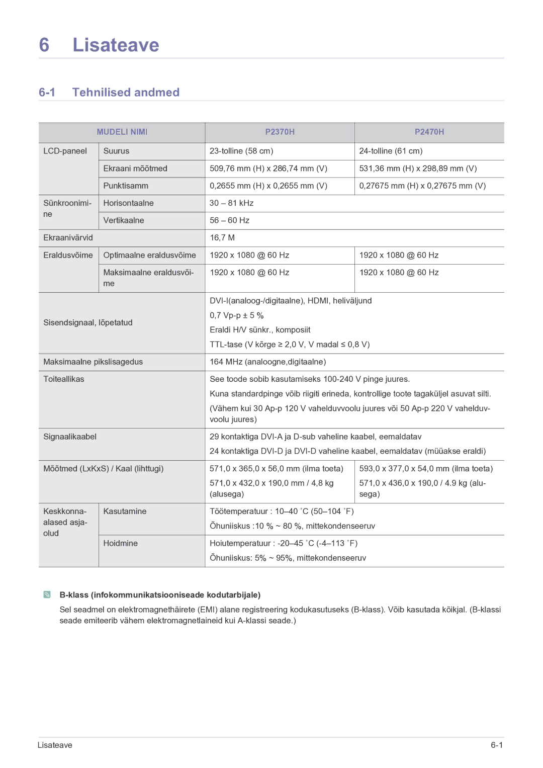 Samsung LS23EFVKUV/EN manual Lisateave, Tehnilised andmed, Mudeli Nimi, Klass infokommunikatsiooniseade kodutarbijale 