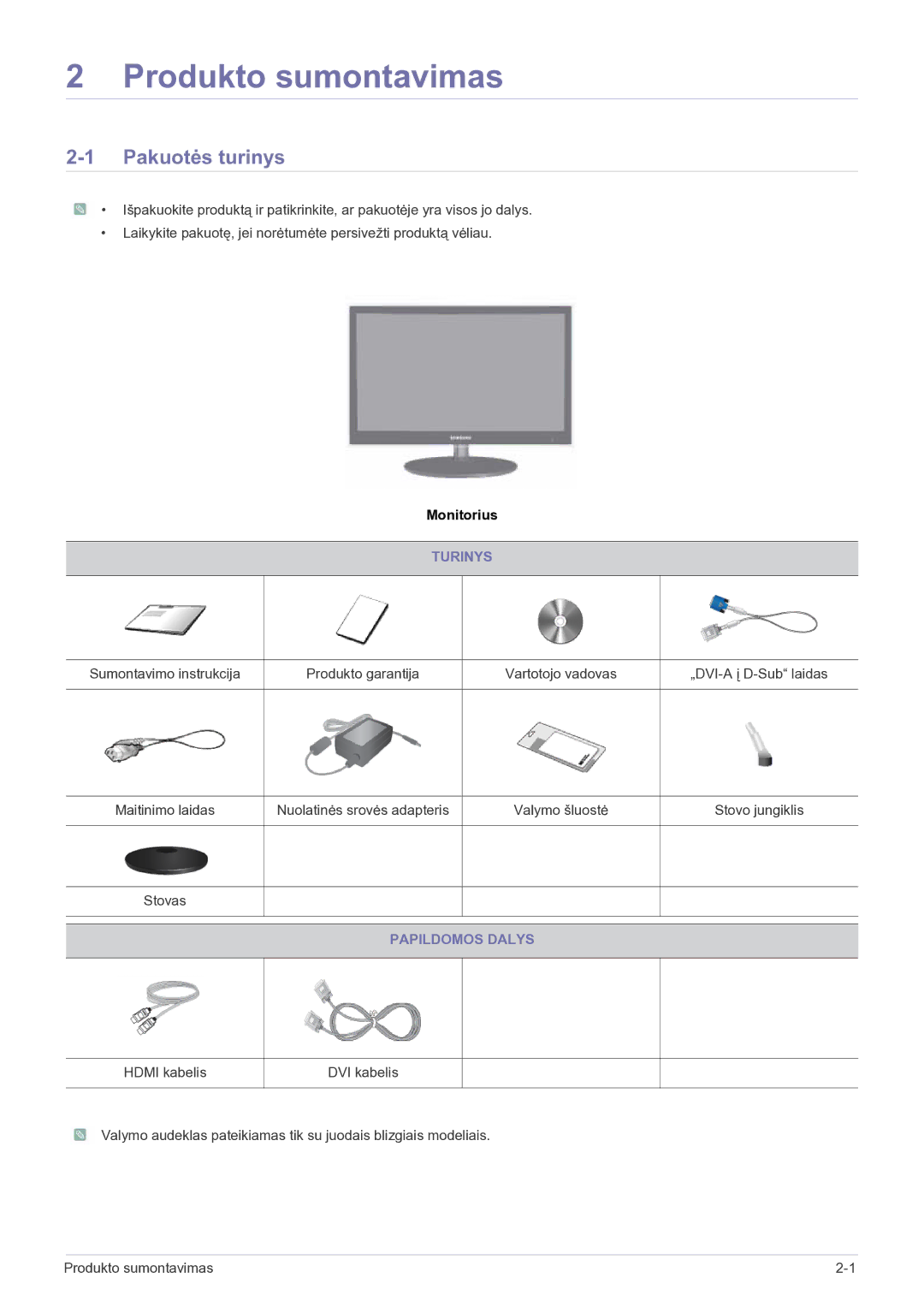 Samsung LS23EFVKUV/EN manual Produkto sumontavimas, Pakuotės turinys, Turinys, Papildomos Dalys 