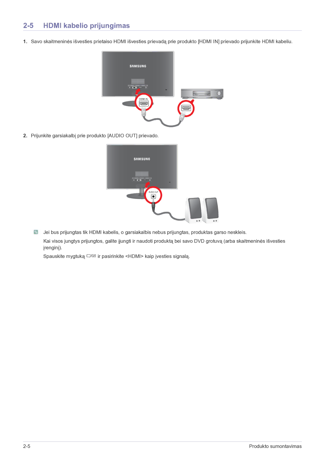 Samsung LS23EFVKUV/EN manual Hdmi kabelio prijungimas 