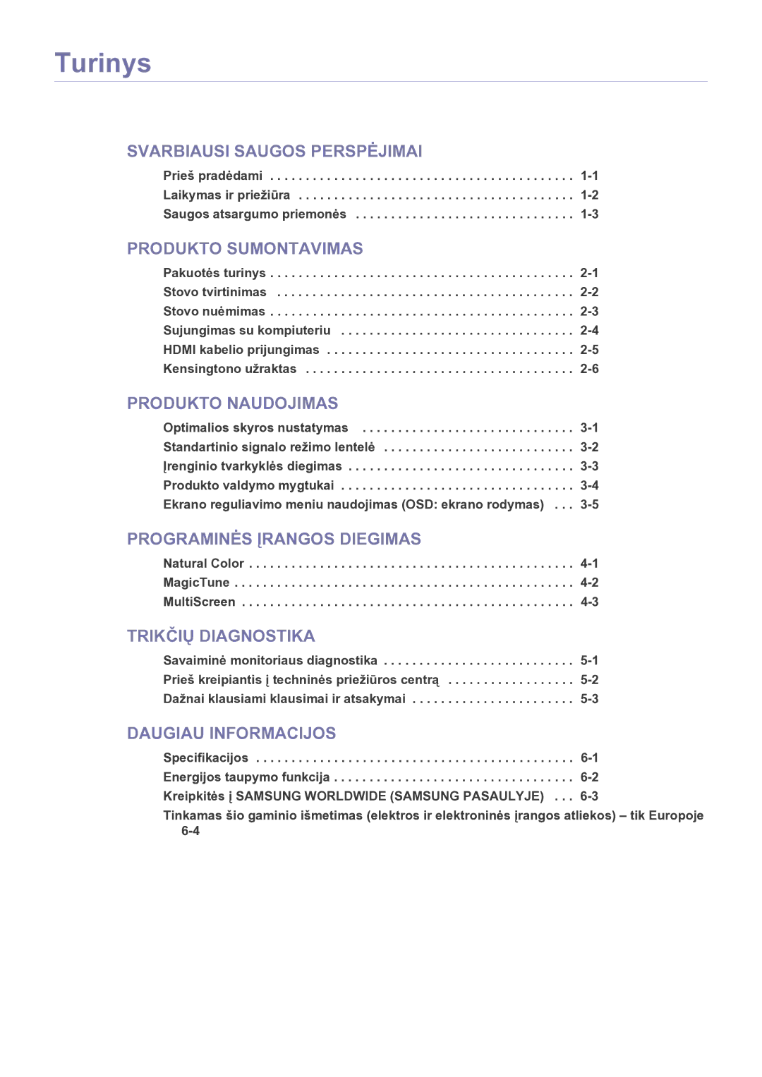 Samsung LS23EFVKUV/EN manual Turinys, Produkto Sumontavimas 