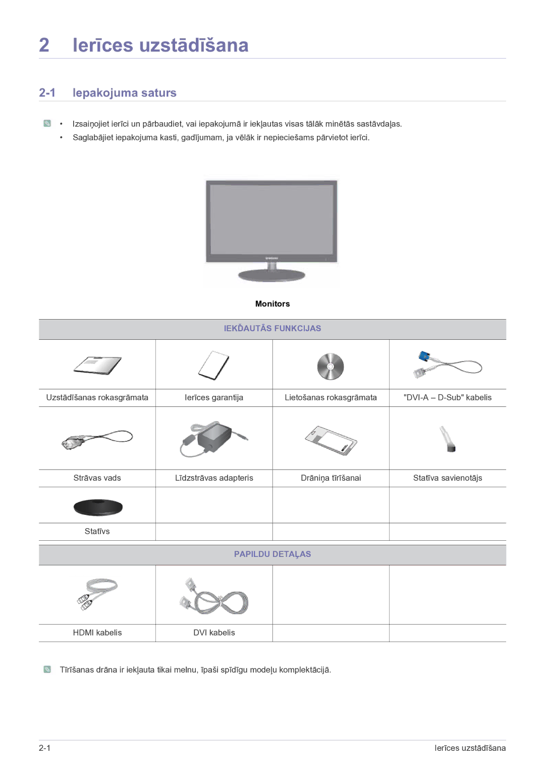 Samsung LS23EFVKUV/EN manual Ierīces uzstādīšana, Iepakojuma saturs, Iekďautās Funkcijas, Papildu Detaļas 