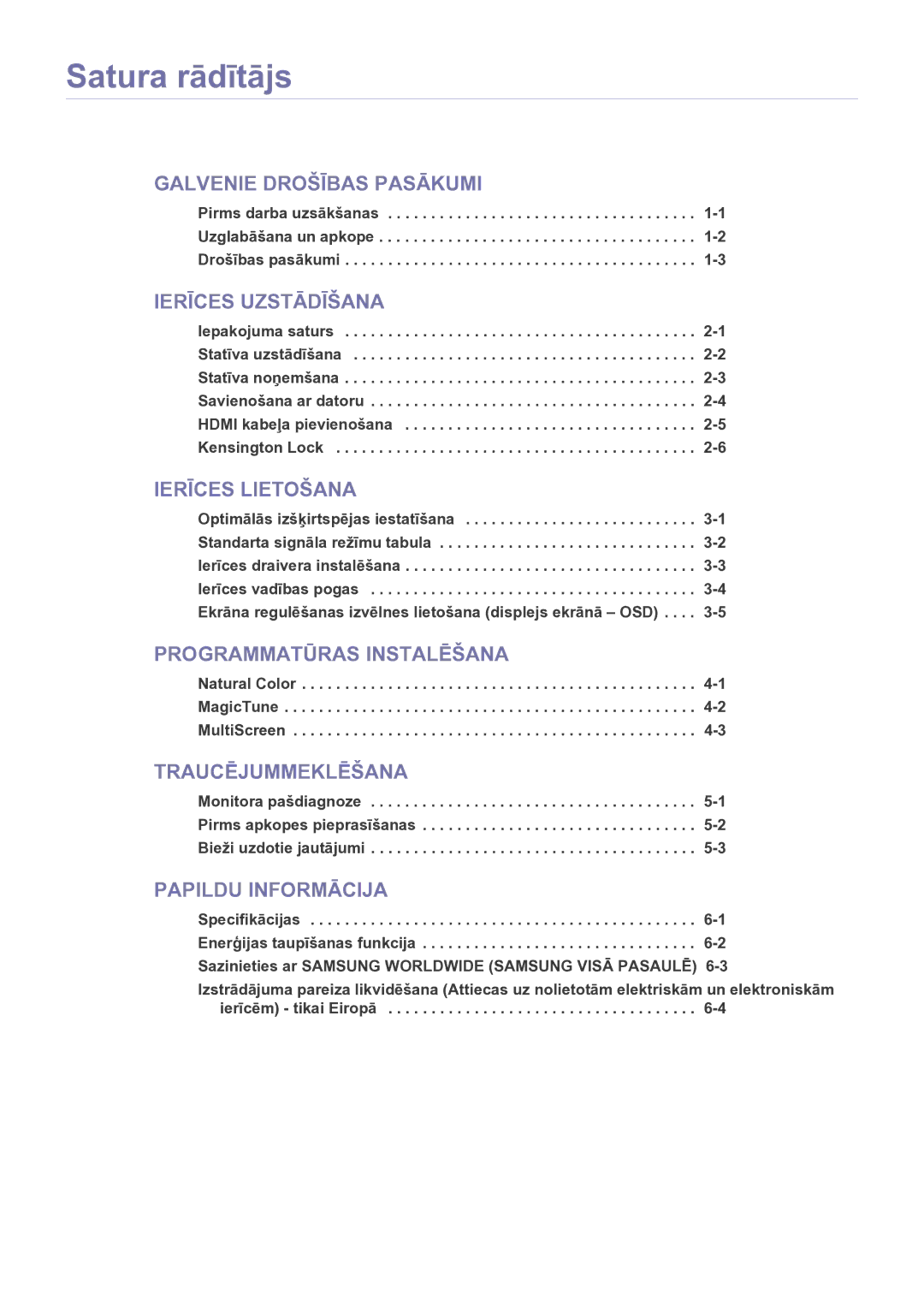 Samsung LS23EFVKUV/EN manual Satura rādītājs, Ierīces Uzstādīšana 