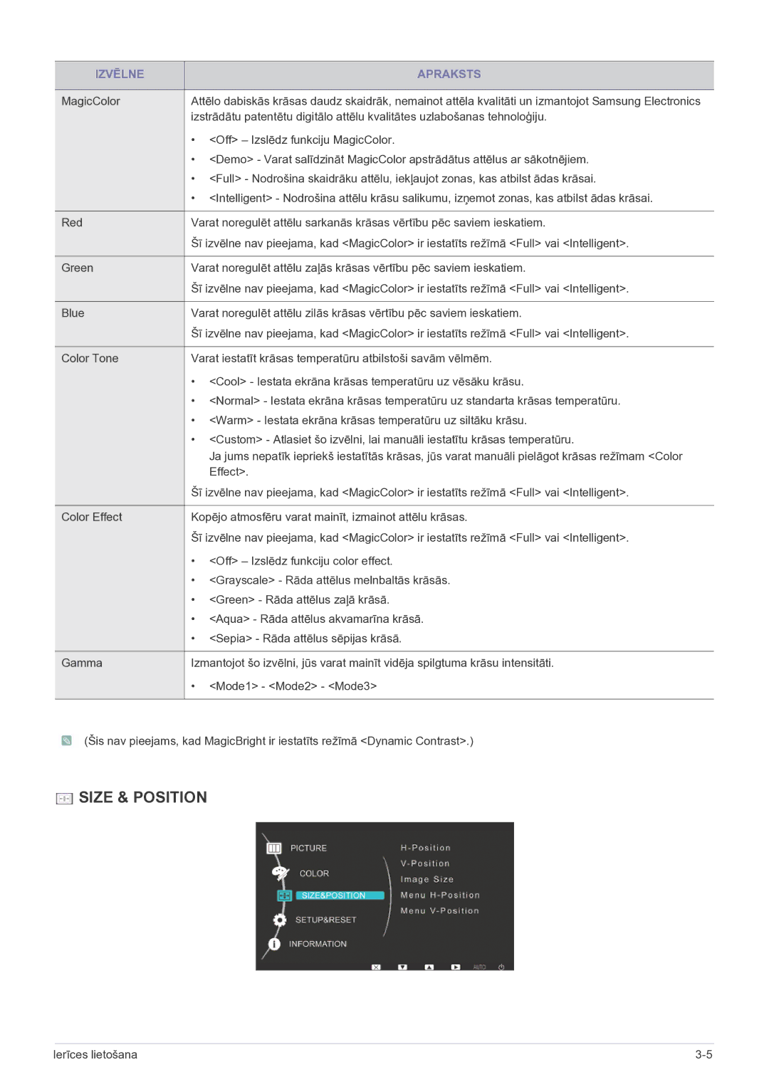 Samsung LS23EFVKUV/EN manual Size & Position 