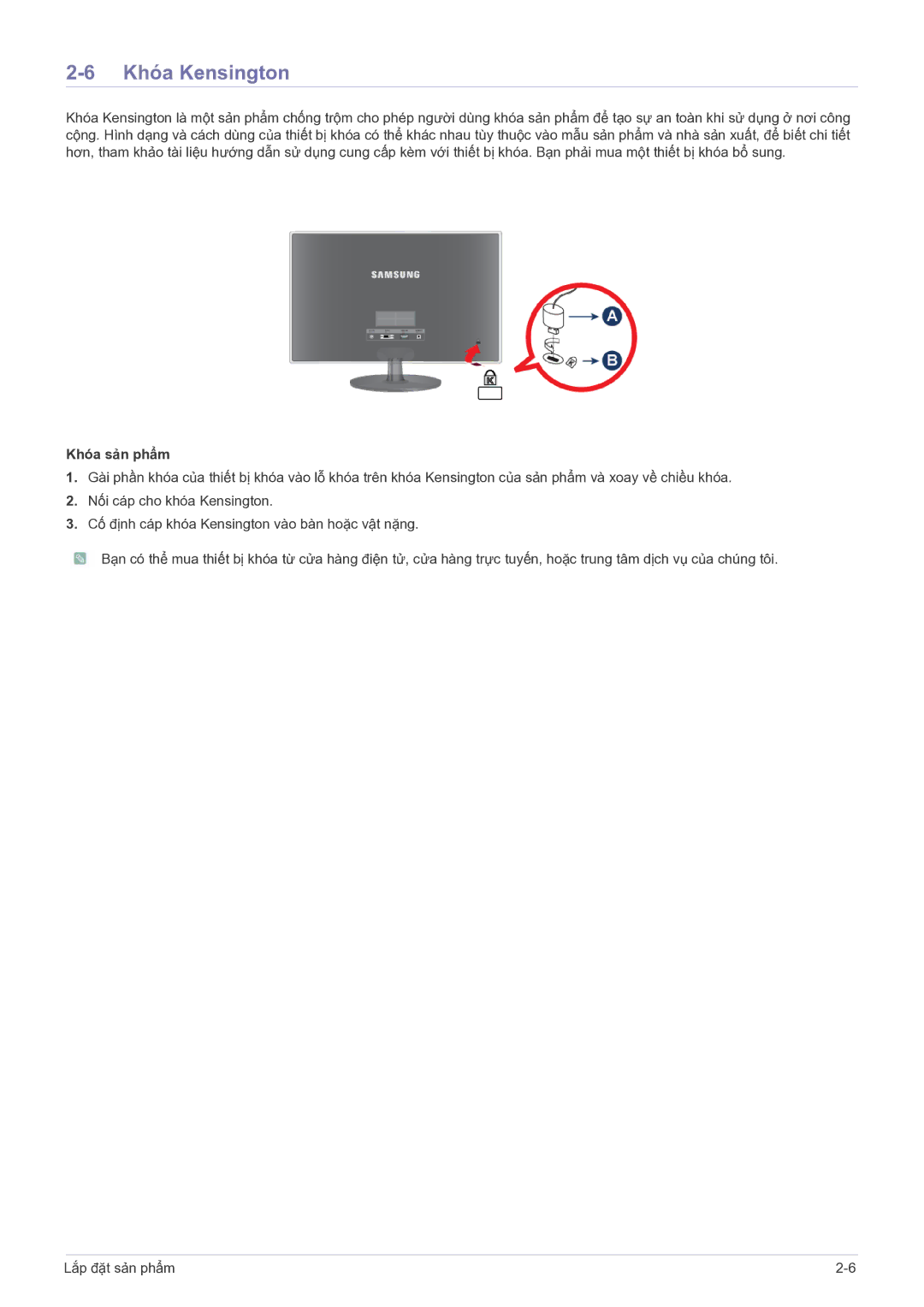 Samsung LS23EFVKUVMXV manual Khóa Kensington, Khóa sản phẩm 