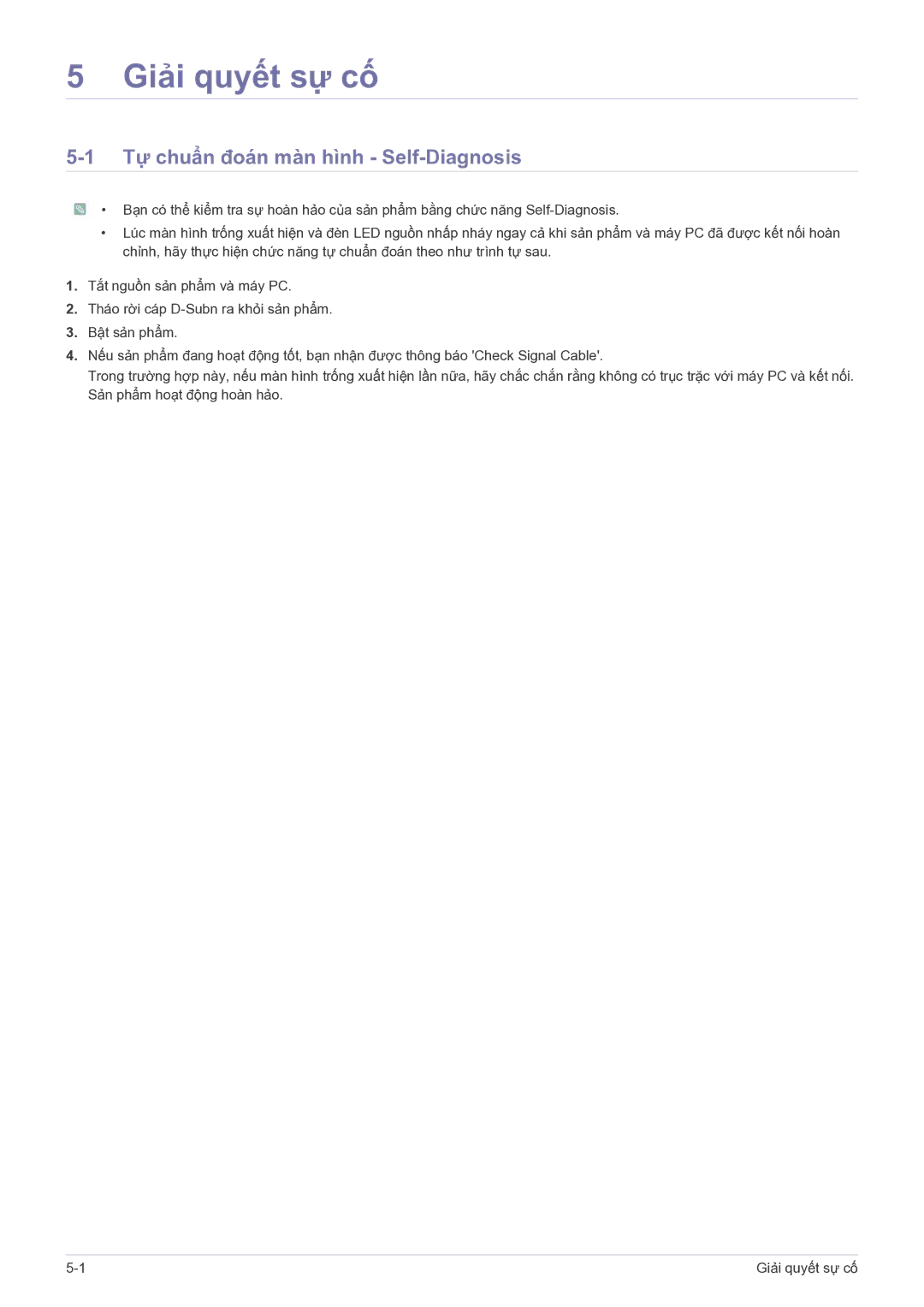 Samsung LS23EFVKUVMXV manual Giải quyết sự cố, Tự chuẩn đoán màn hình Self-Diagnosis 