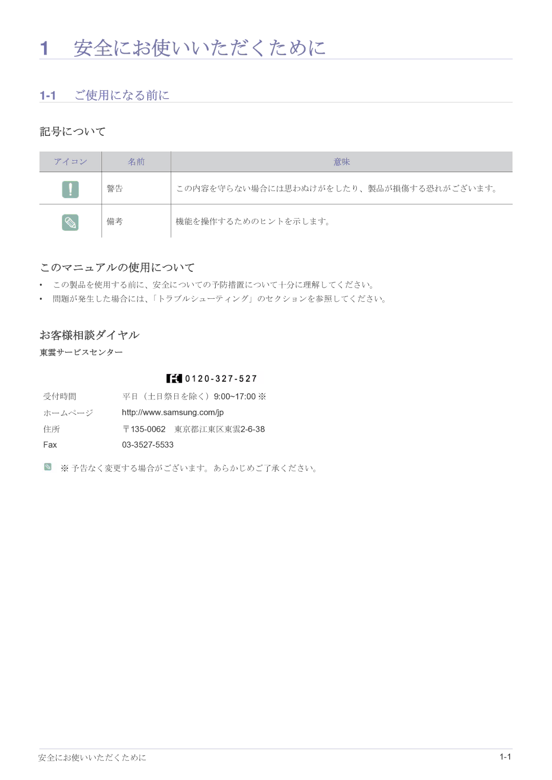 Samsung LS23EFVKUV/XJ manual 安全にお使いいただくために, 1ご使用になる前に, 記号について, このマニュアルの使用について, お客様相談ダイヤル 