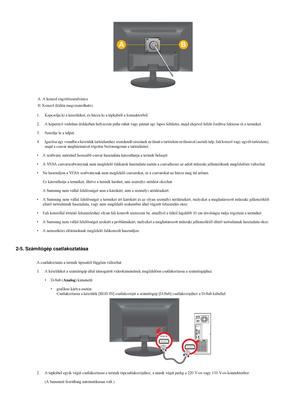 Samsung LS23LRYKU/EN manual Számítógép csatlakoztatása 