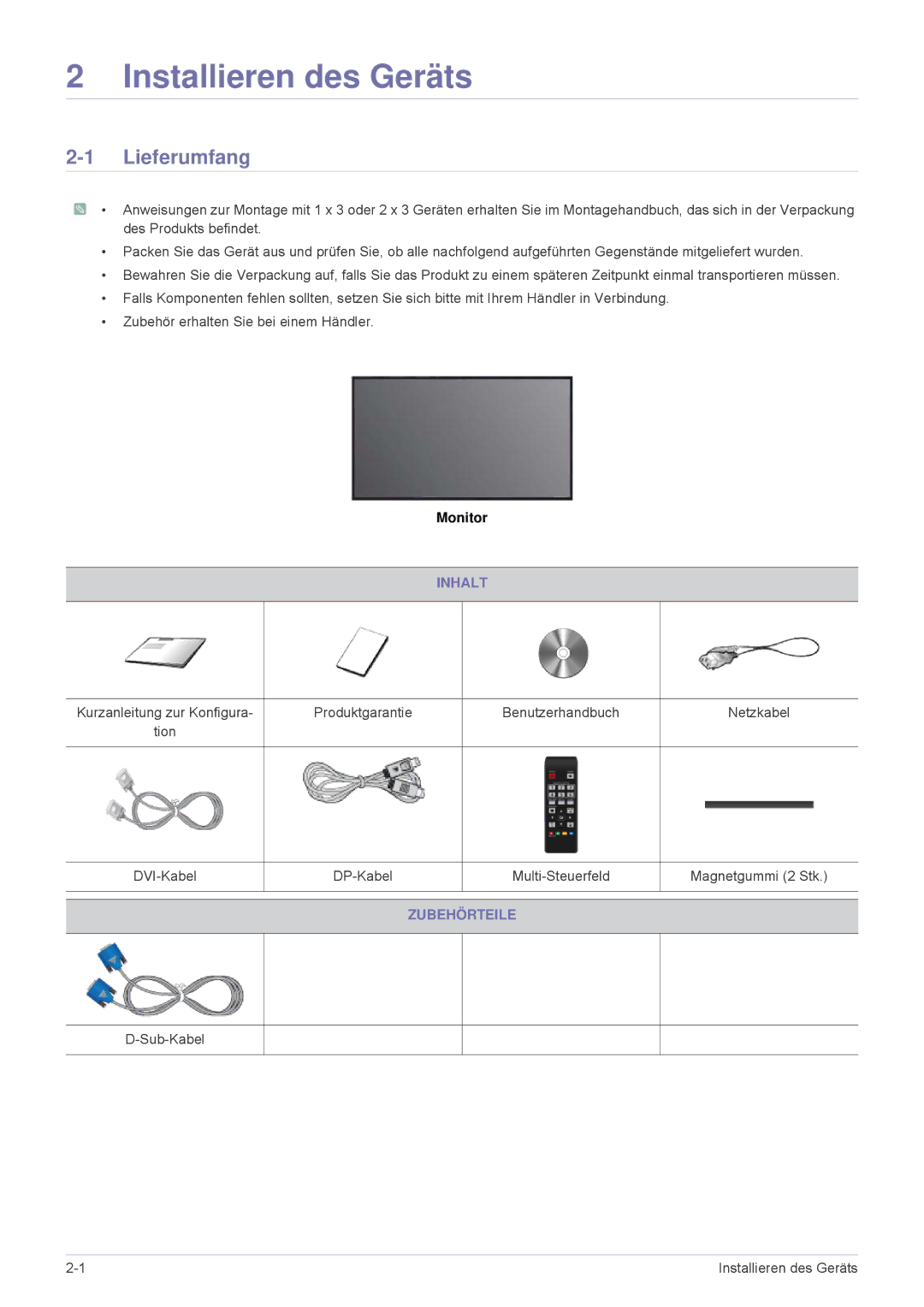 Samsung LS23MUPNB/EN, LS23MUQHB/EN, LS23MURHB/EN manual Installieren des Geräts, Lieferumfang, Inhalt, Zubehörteile 