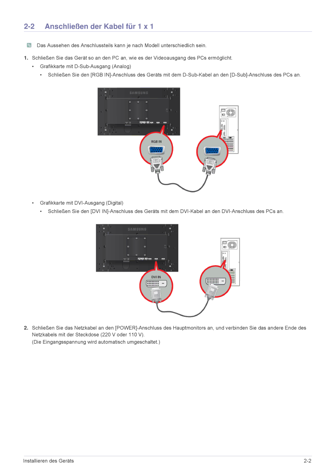 Samsung LS23MUQHB/EN, LS23MUPNB/EN, LS23MURHB/EN manual Anschließen der Kabel für 1 x 