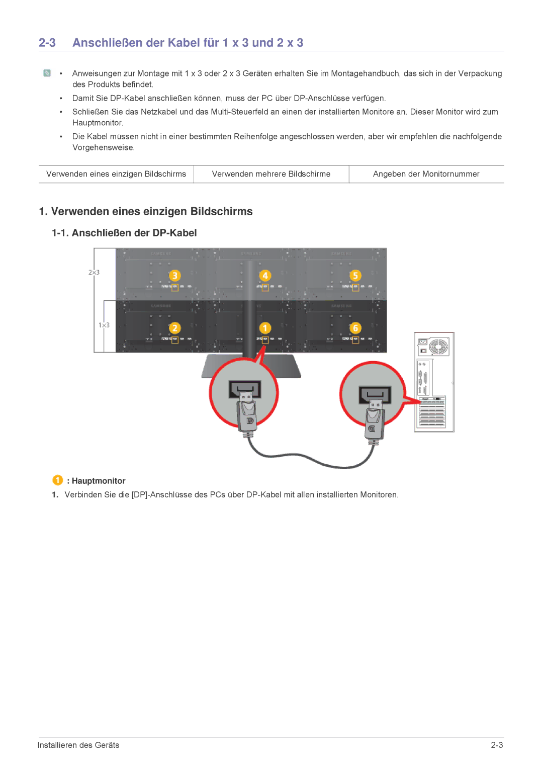 Samsung LS23MUPNB/EN manual Anschließen der Kabel für 1 x 3 und 2 x, Verwenden eines einzigen Bildschirms, Hauptmonitor 