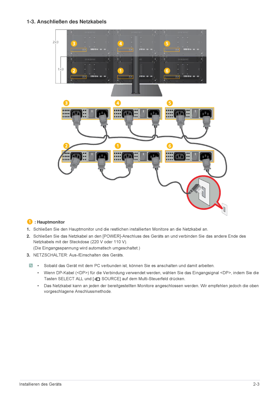 Samsung LS23MURHB/EN, LS23MUPNB/EN, LS23MUQHB/EN manual Anschließen des Netzkabels 