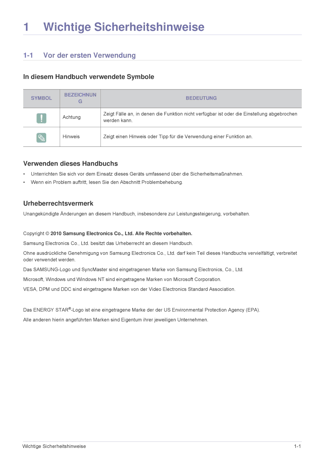 Samsung LS23MUPNB/EN manual Wichtige Sicherheitshinweise, Vor der ersten Verwendung, Diesem Handbuch verwendete Symbole 