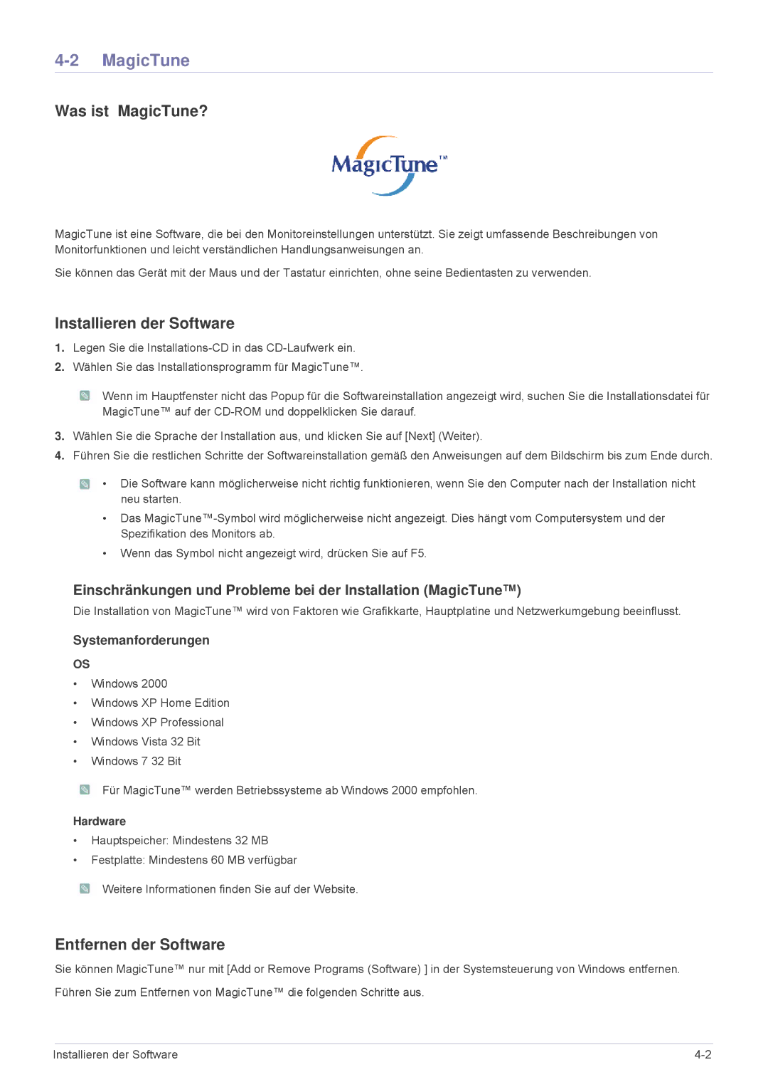 Samsung LS23MUQHB/EN, LS23MUPNB/EN, LS23MURHB/EN Was ist MagicTune?, Installieren der Software, Entfernen der Software 