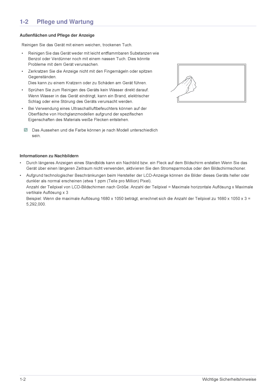 Samsung LS23MUQHB/EN, LS23MUPNB/EN Pflege und Wartung, Außenflächen und Pflege der Anzeige, Informationen zu Nachbildern 