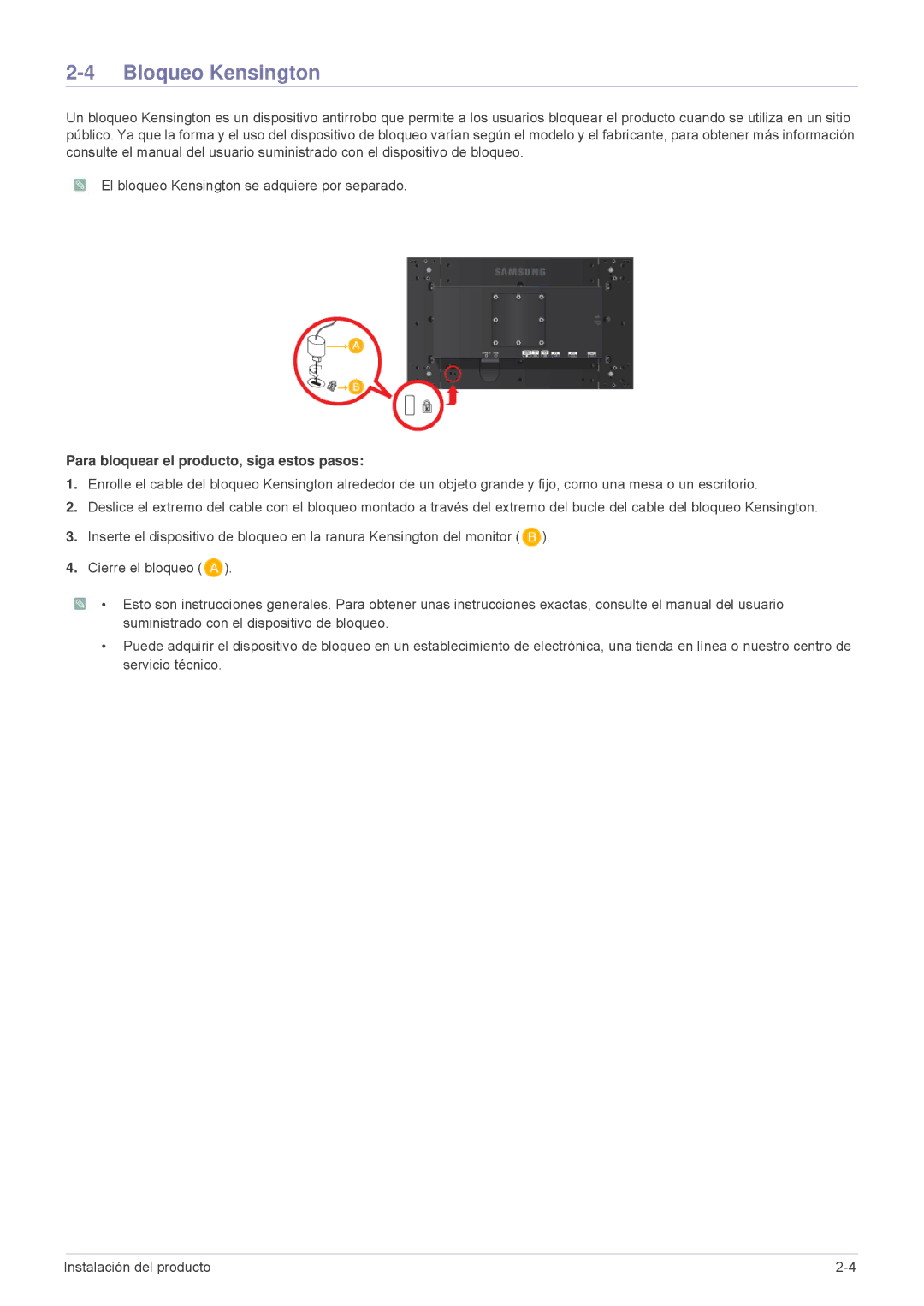 Samsung LS23MUQHB/EN, LS23MUPNB/EN, LS23MURHB/EN manual Bloqueo Kensington, Para bloquear el producto, siga estos pasos 