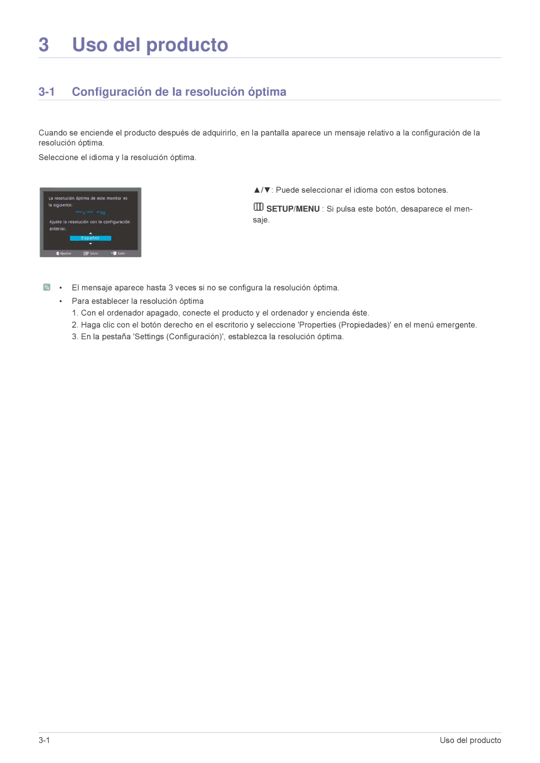 Samsung LS23MURHB/EN, LS23MUPNB/EN, LS23MUQHB/EN manual Uso del producto, Configuración de la resolución óptima 