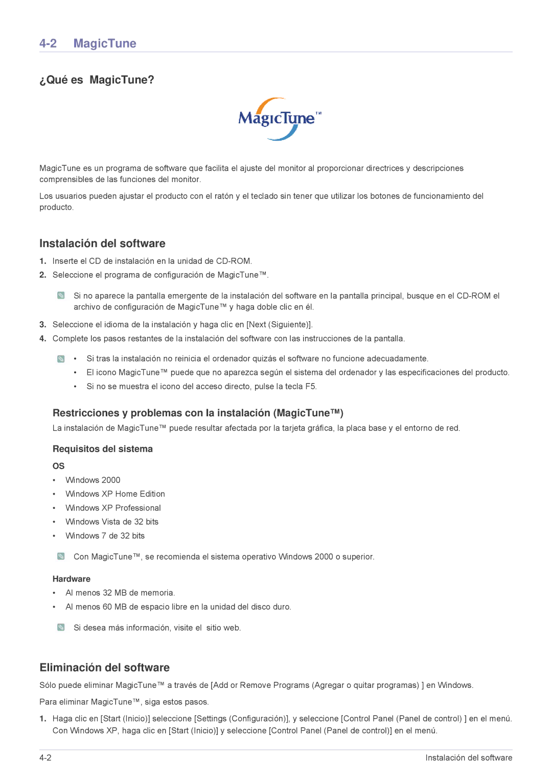 Samsung LS23MUPNB/EN, LS23MUQHB/EN, LS23MURHB/EN ¿Qué es MagicTune?, Instalación del software, Eliminación del software 