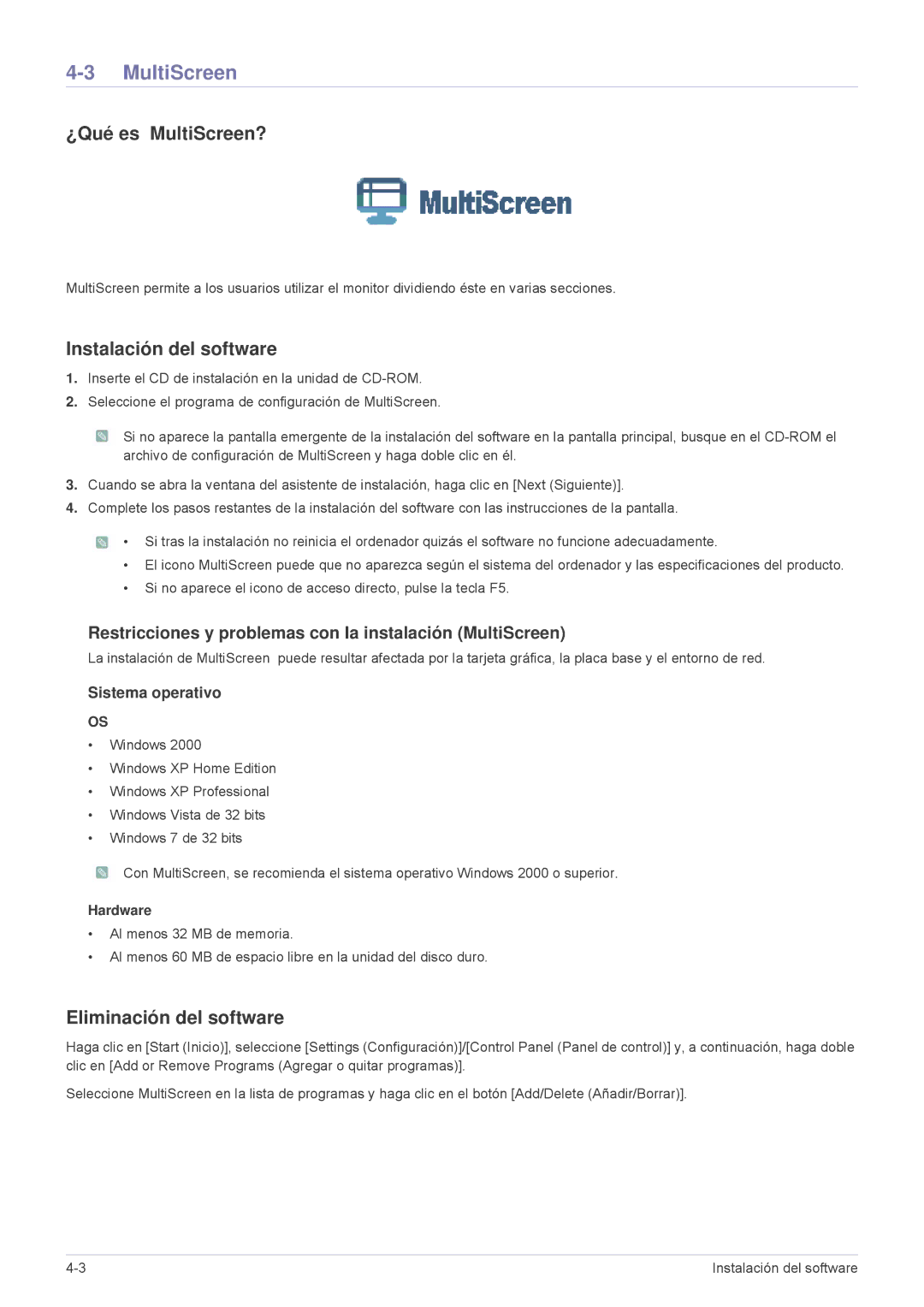 Samsung LS23MURHB/EN, LS23MUPNB/EN manual ¿Qué es MultiScreen?, Restricciones y problemas con la instalación MultiScreen 