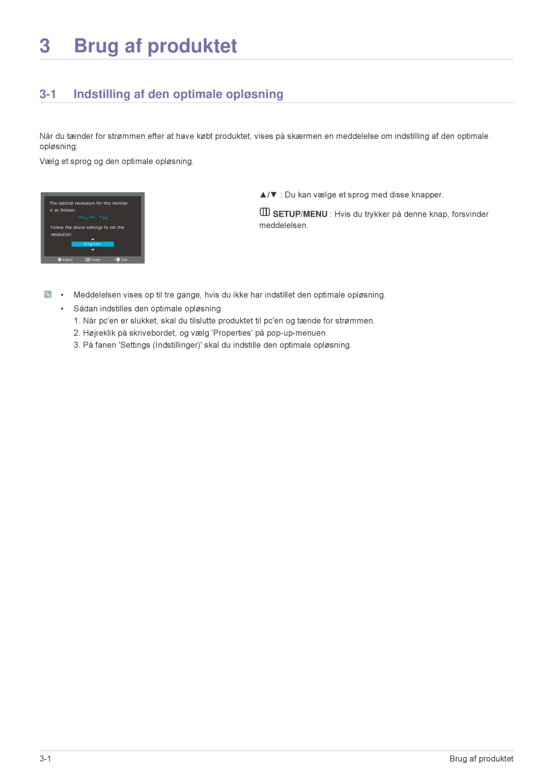 Samsung LS23MURHB/EN, LS23MUPNB/EN, LS23MUQHB/EN manual Brug af produktet, Indstilling af den optimale opløsning 