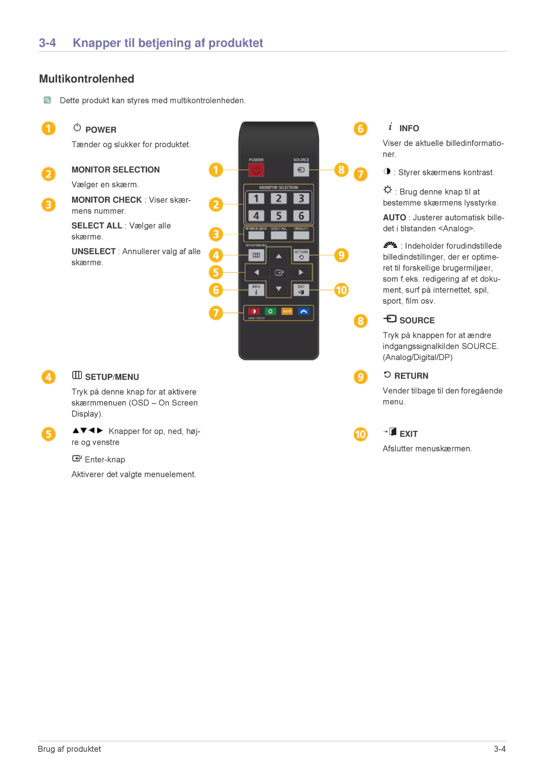 Samsung LS23MURHB/EN manual Knapper til betjening af produktet, Multikontrolenhed, Monitor Check Viser skær- mens nummer 