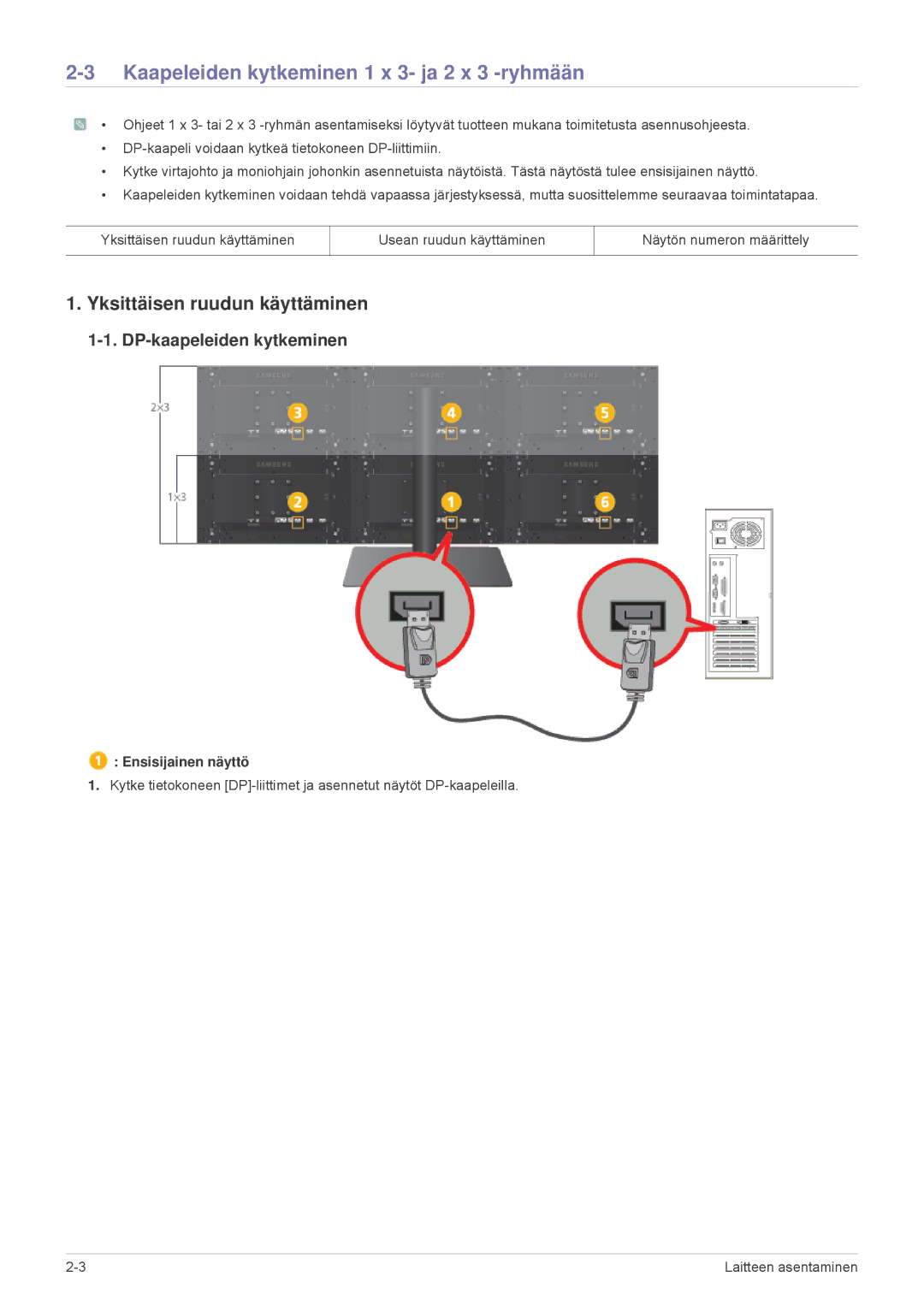 Samsung LS23MURHB/EN Kaapeleiden kytkeminen 1 x 3- ja 2 x 3 -ryhmään, Yksittäisen ruudun käyttäminen, Ensisijainen näyttö 