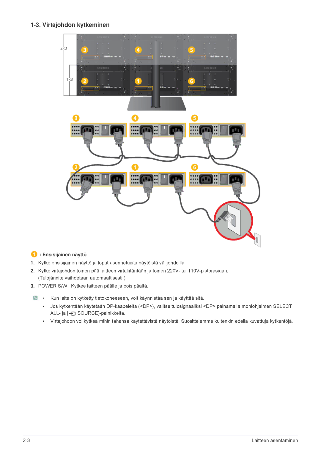 Samsung LS23MUQHB/EN, LS23MUPNB/EN, LS23MURHB/EN manual Virtajohdon kytkeminen 