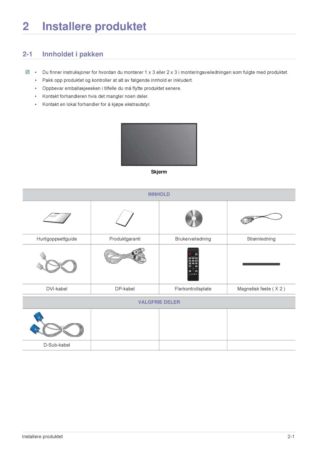 Samsung LS23MURHB/EN, LS23MUPNB/EN, LS23MUQHB/EN manual Installere produktet, Innholdet i pakken, Valgfrie Deler 