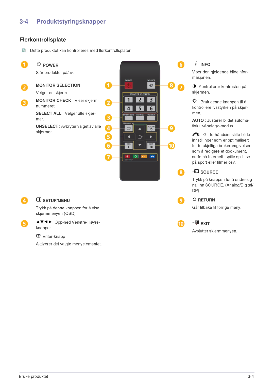 Samsung LS23MURHB/EN, LS23MUPNB/EN, LS23MUQHB/EN manual Produktstyringsknapper, Flerkontrollsplate 