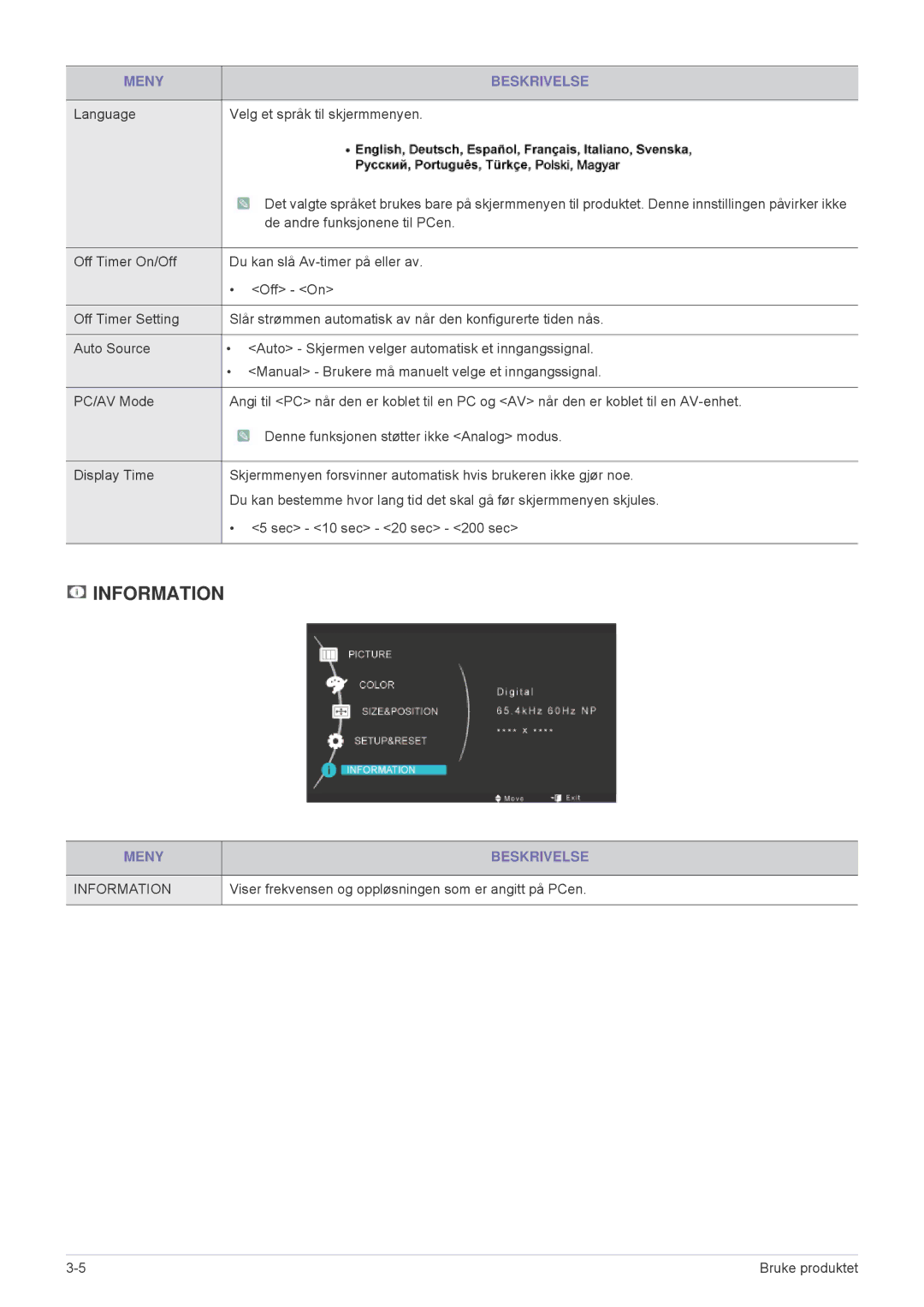 Samsung LS23MUQHB/EN manual Language Velg et språk til skjermmenyen, Viser frekvensen og oppløsningen som er angitt på PCen 