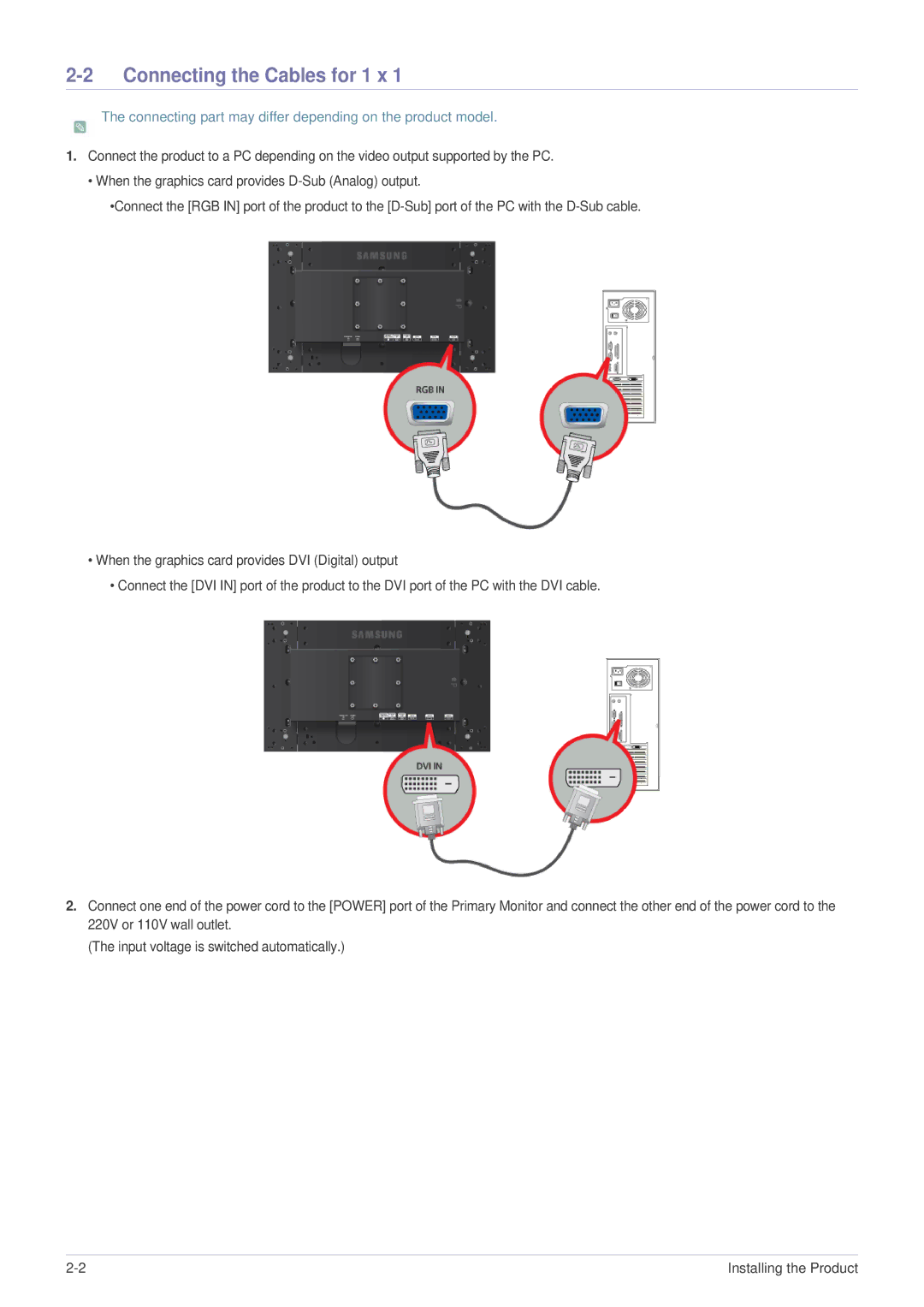 Samsung LS23MURHBSEN manual Connecting the Cables for 1 x, Connecting part may differ depending on the product model 