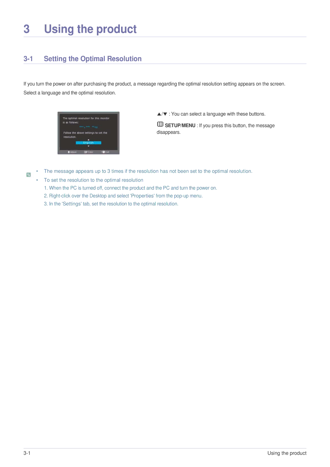 Samsung LS23MUQHB/ZR, LS23MUPNB/EN, LS23MURHB/XJ, LS23MUQHB/XJ manual Using the product, Setting the Optimal Resolution 