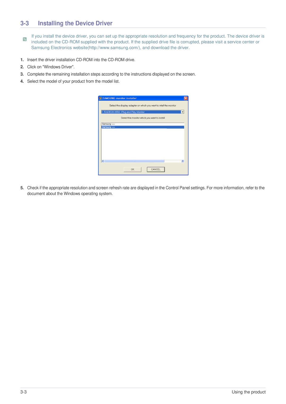 Samsung LS23MUQHB/XT, LS23MUPNB/EN, LS23MURHB/XJ, LS23MUQHB/XJ, LS23MUPNB/XJ, LS23MUQHB/EN manual Installing the Device Driver 