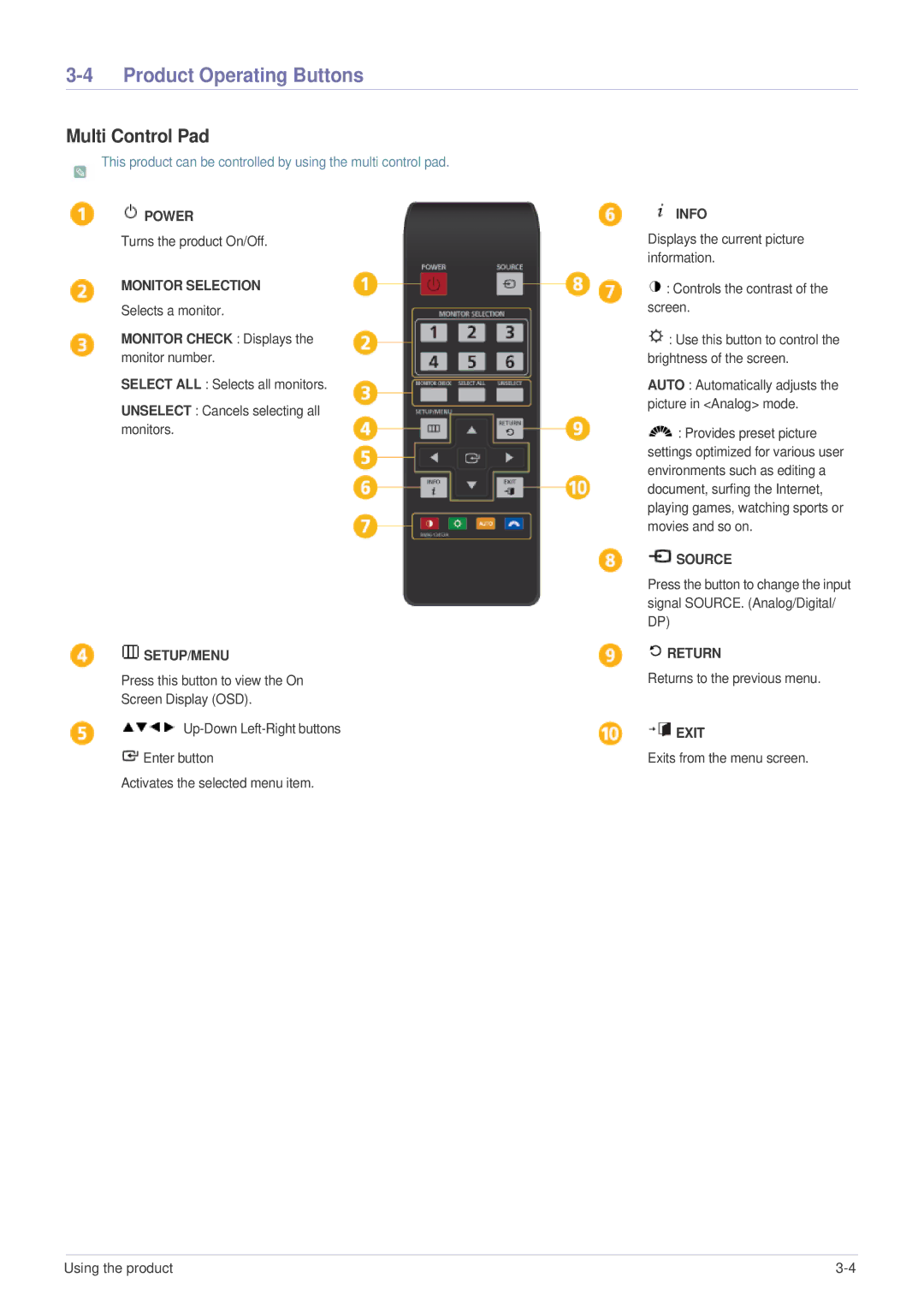 Samsung LS23MUQHB/CI, LS23MUPNB/EN Product Operating Buttons, Multi Control Pad, Monitor Check Displays the monitor number 